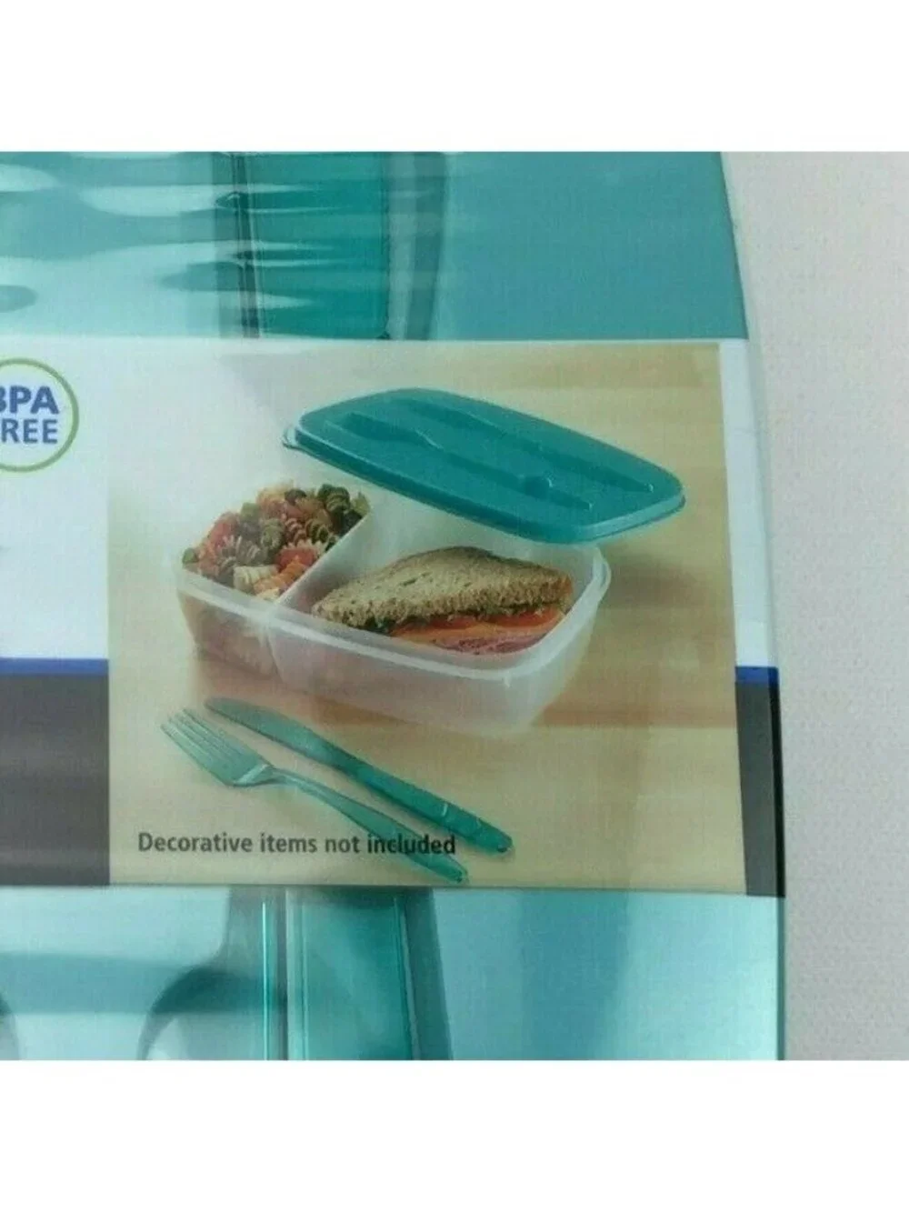 Divided Lunch Box Food Container Fork & Knife BPA Free Teal Lid Turquoise